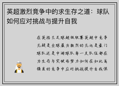 英超激烈竞争中的求生存之道：球队如何应对挑战与提升自我