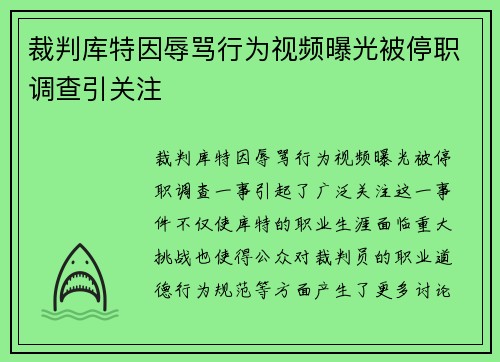裁判库特因辱骂行为视频曝光被停职调查引关注 裁判库特因辱骂行为视频曝光被停职调查引关注